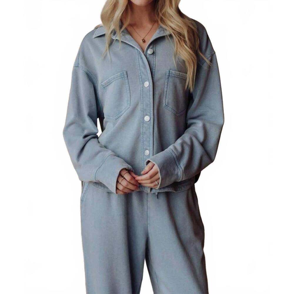 NEW PANACHE APPAREL cropped washed soft button up top in light blue